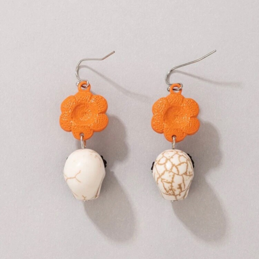 Orange Flower Sugar Skull Skeleton Earrings - Picture 5 of 7